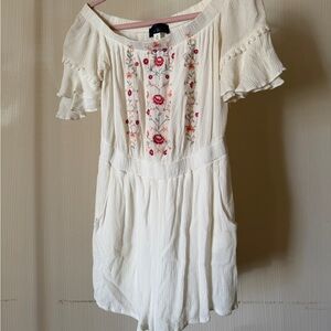 Blue Rain Off-Shoulder Embroidered Romper
